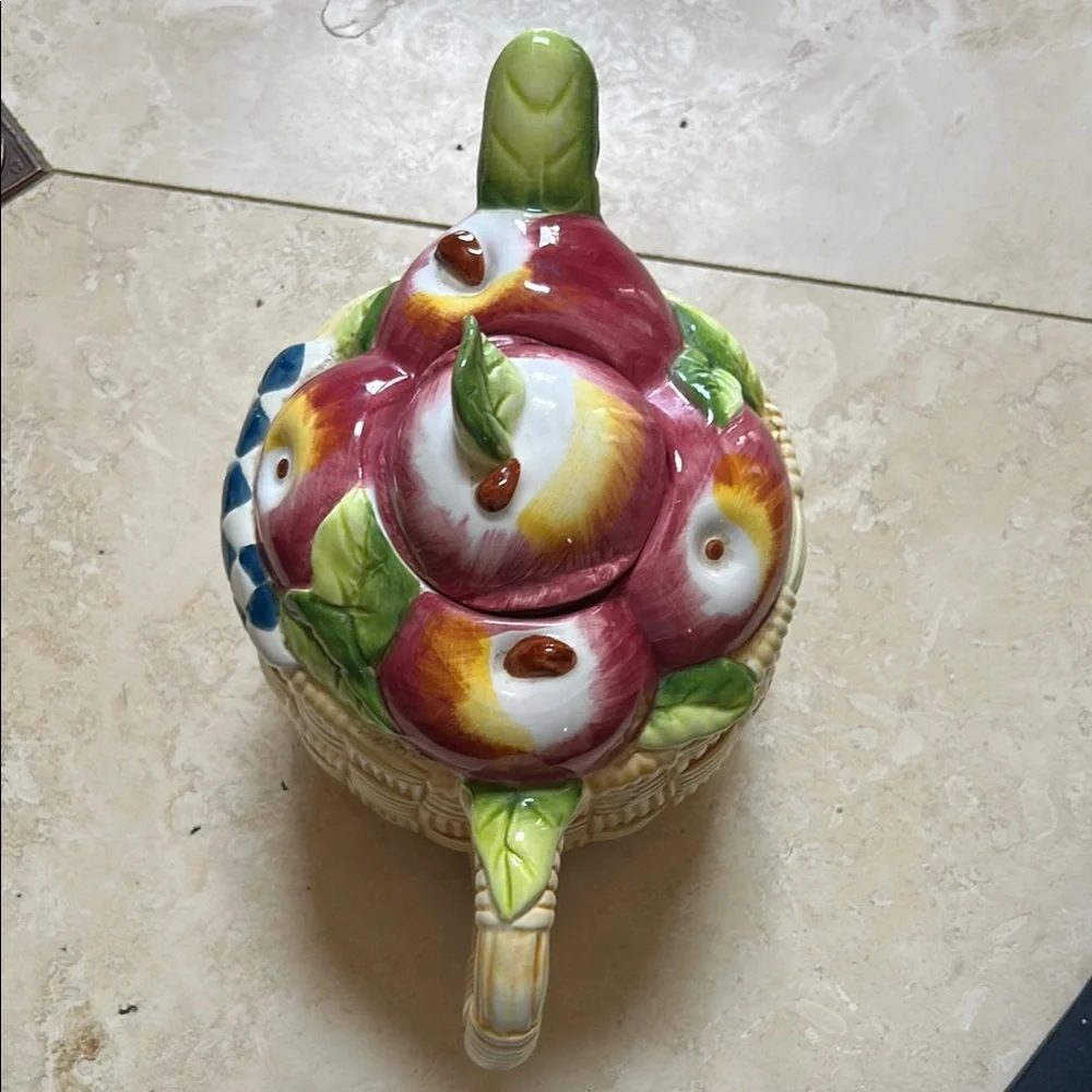 Ceramic Art Teapot with Sculpted Apples and a basket - Picture 2 of 3